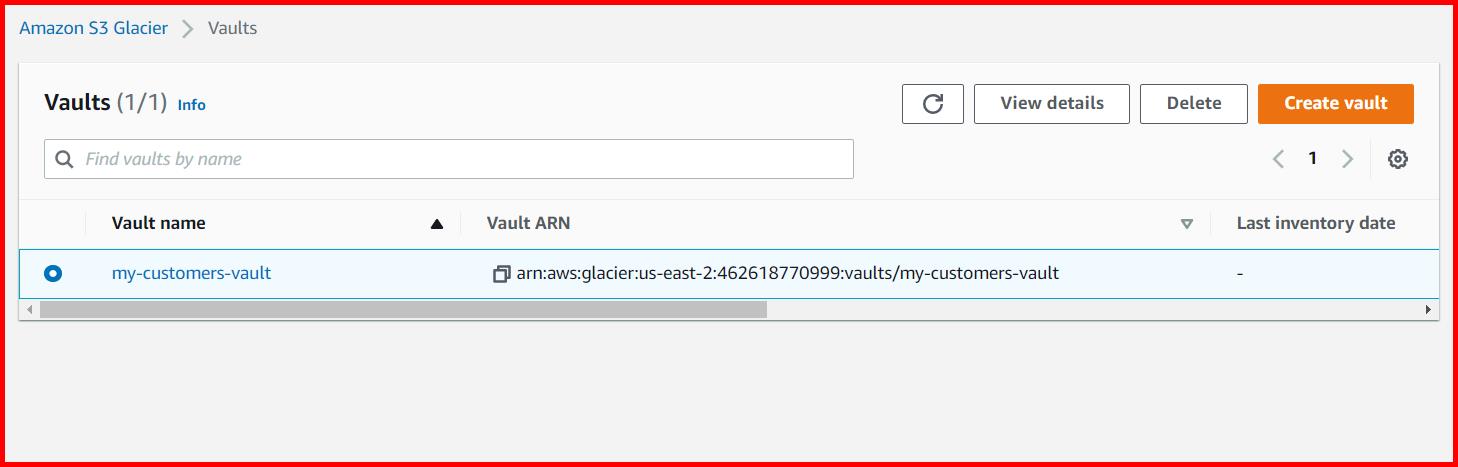 Picture showing the vault created in AWS S3 glacier